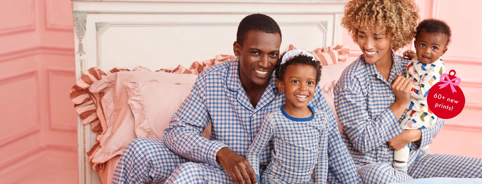 family in matching blue plaid holiday pajamas