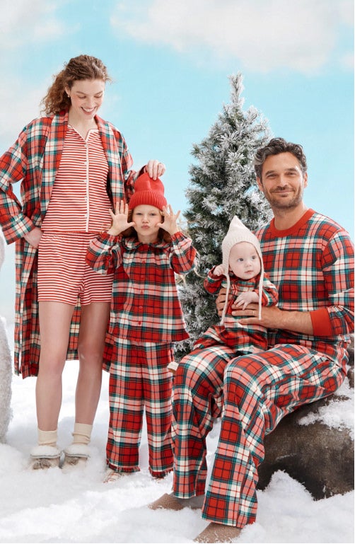 new holiday arrivals
family in matching plaid PJs