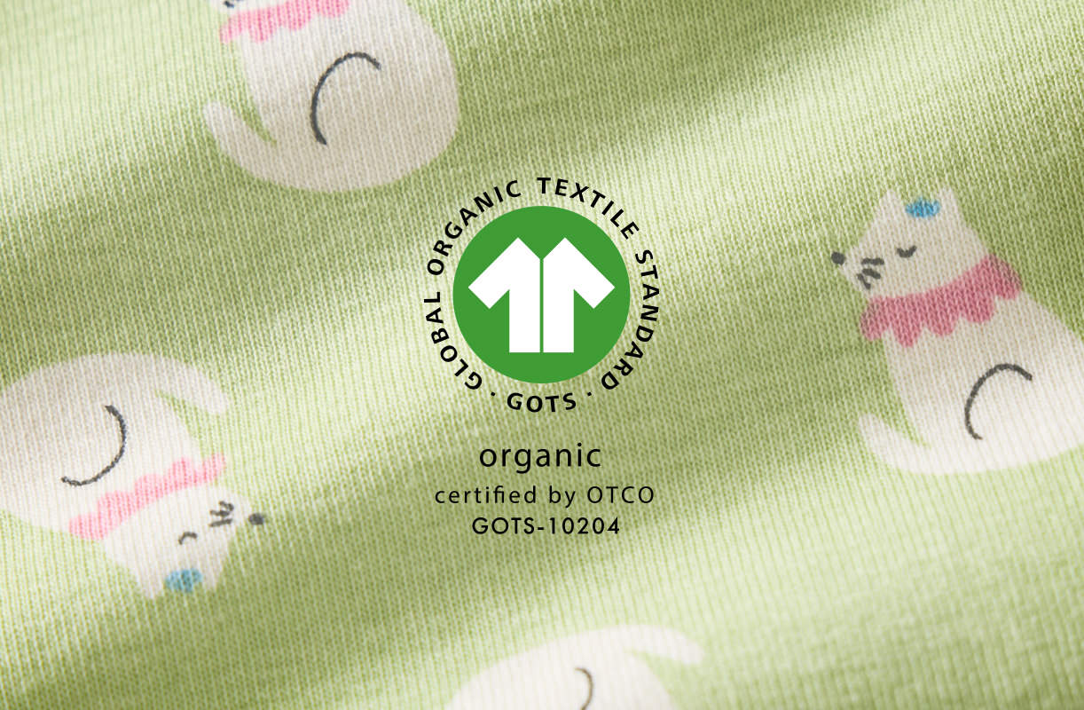 GOTS pajamas global organic textile standard logo on cats pajamas fabric