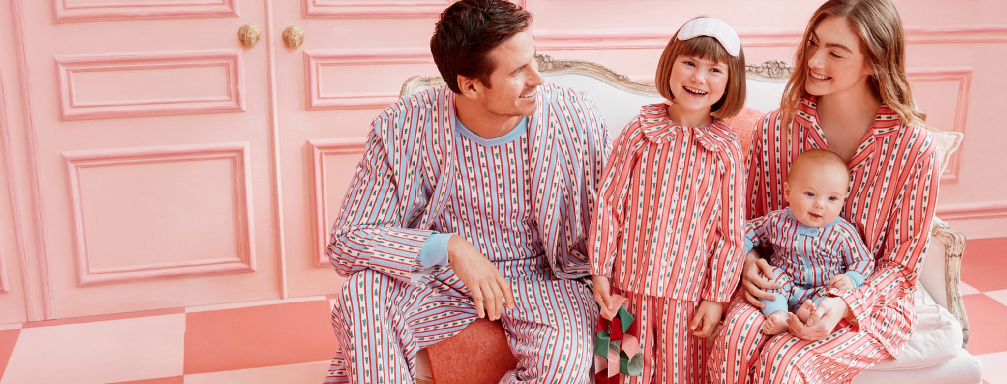 NEW NEW NEW
60+ holiday print
Made to match or mix.
family in matching Tree Ribbons print PJs