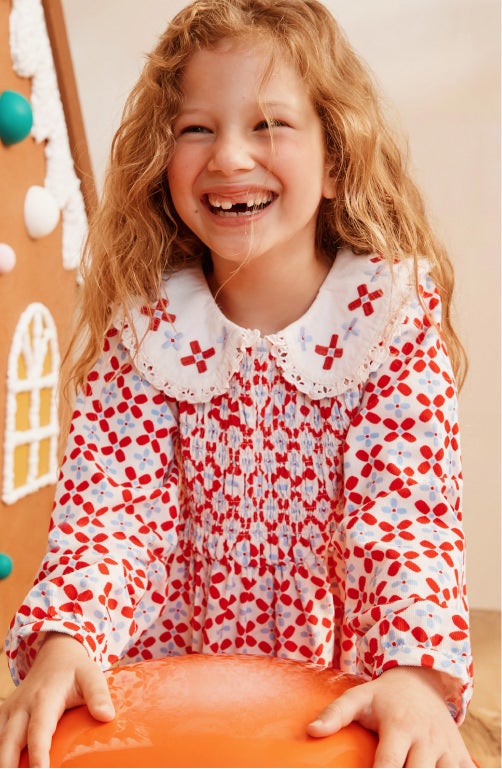 new arrivals girl in printed holiday dress with peter pan collar
