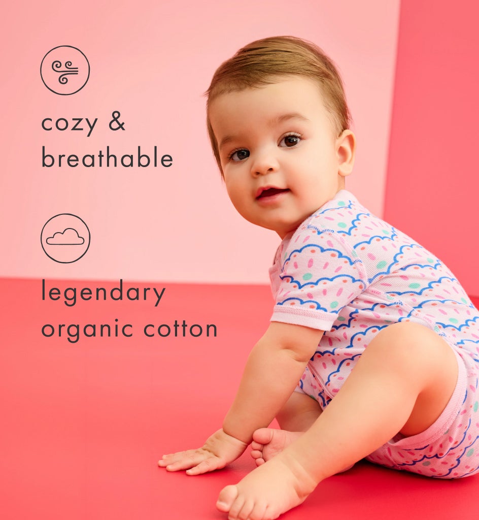 baby wearing HannaSoft short pajamas with descriptive text