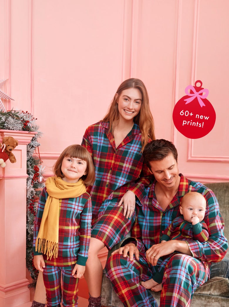family in matching plaid pajamas